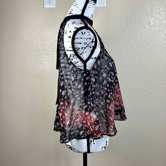 BCBGeneration Black top Pink Sheer Floral Garland Neck Tunic Tank Blouse size S - Picture 6 of 14